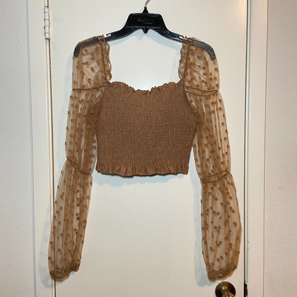 tan mesh sleeve shirred top